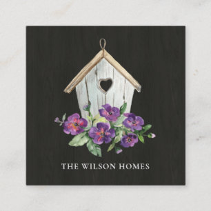 ZWARTE WOODEN FLORAL BIRDHOUSE REAL ESTATE REALTOR VIERKANTE VISITEKAARTJE