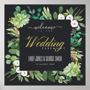 ZWARTE WREATH FOLIAGE WATERVERF WEDDING WELKOM POSTER