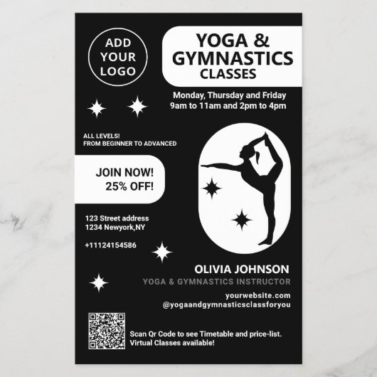 Zwarte Yoga & Gymnastiek instructeur studio lessen Flyer (Voorkant)