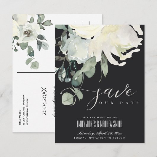 ZWARTE ZACK SOFT IVORY WHITE FLORAL BUNCH BEWAREN  AANKONDIGINGSKAART (Voorkant / Achterkant)