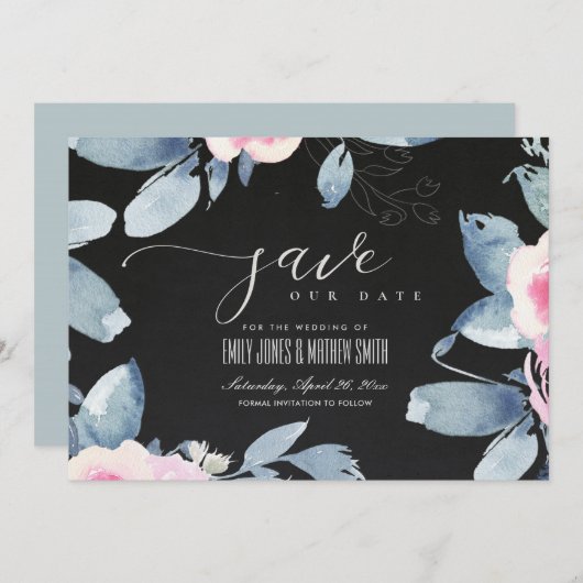 ZWARTE ZACK ZWART BLAUW WATERVERF LIJST SAVE THE DATE (Voorkant / Achterkant)