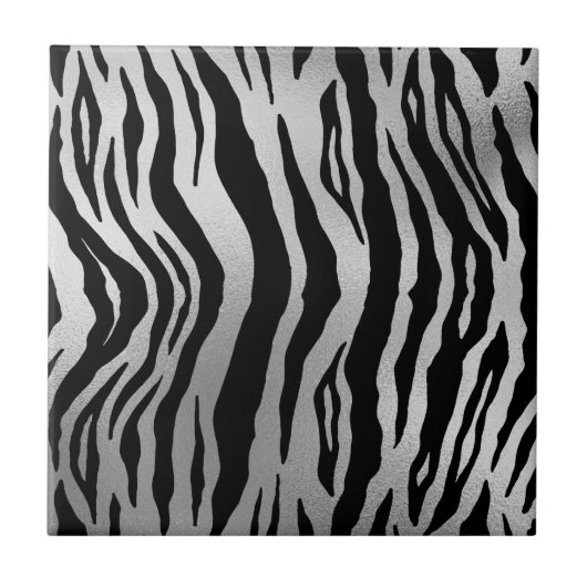 Zwarte zebra strepen dierprint zilver luxe tegeltje (Voorkant)