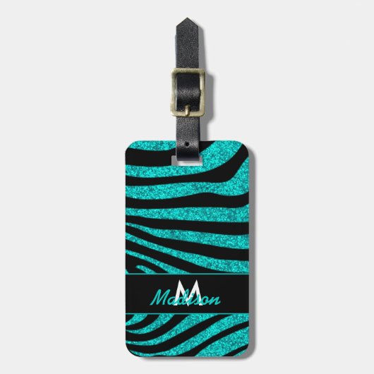 Zwarte Zebra Stripes Name Blauwgroen Glitter Bagagelabel (Voorkant verticaal)