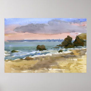 Zwarte Zee Rotsachtig Strand Zonsondergang Aquarel Poster