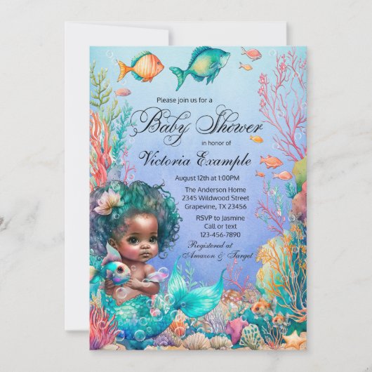 Zwarte Zeemeermin-Baby shower Kaart (Voorkant)