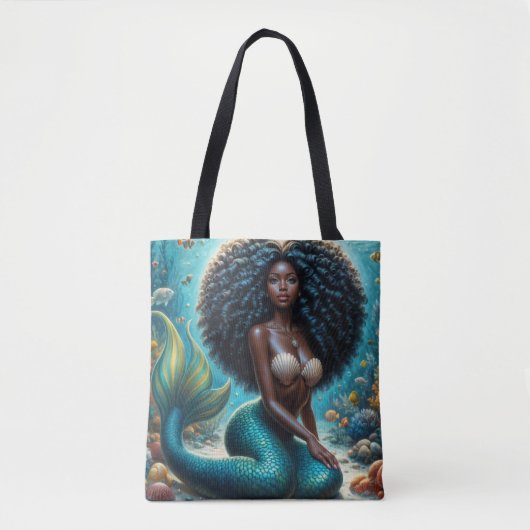 Zwarte zeemeermin onderwater kunst tote bag (Voorkant)