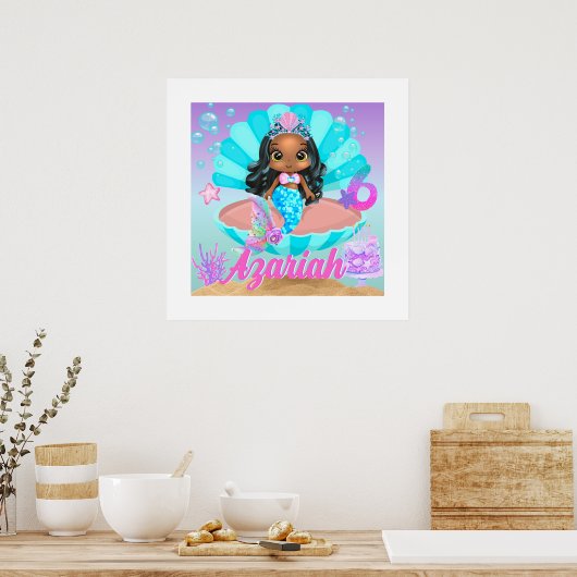 Zwarte Zeemeermin Prinses 6e Verjaardagsfeestje Poster (Keuken)