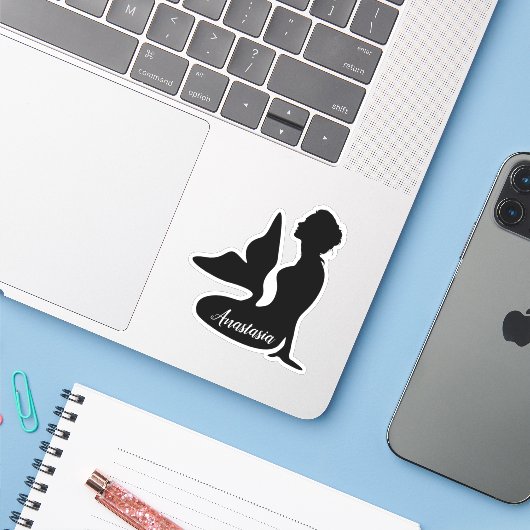 Zwarte Zeemeermin Silhouette Aangepaste naam Sticker (Laptop met iPhone)