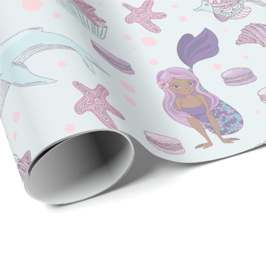 Zwarte Zeemeermin Thema Verjaardagsfeestpastel Bla Cadeaupapier (Rol Hoek)