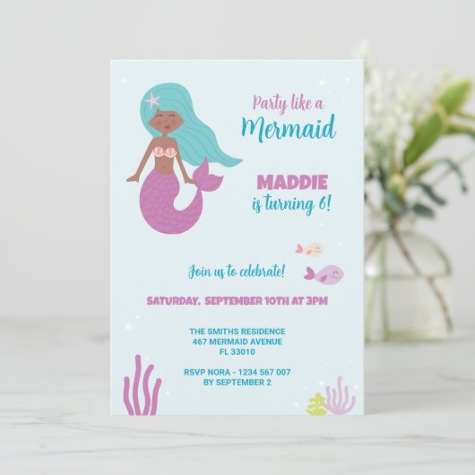 Zwarte Zeemeermin Verjaardagsfeest Uitnodiging (Staand voorkant)