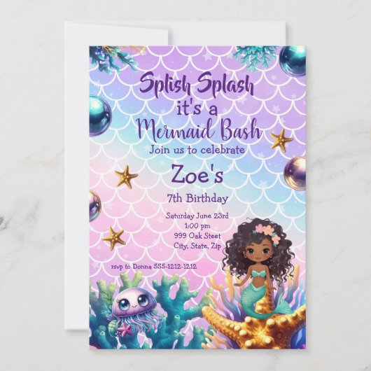 Zwarte Zeemeermin Verjaardagsuitnodiging voor Kind Kaart (Voorkant)