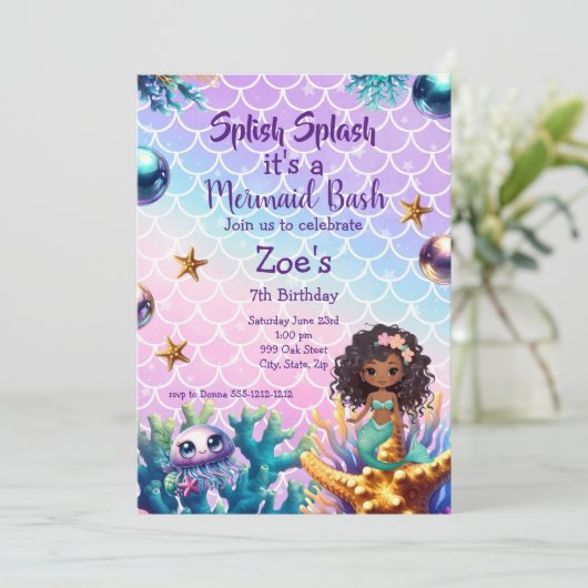 Zwarte Zeemeermin Verjaardagsuitnodiging voor Kind Kaart (Staand voorkant)