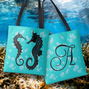Zwarte zeepaardjes monogram Initiaal Tote Bag
