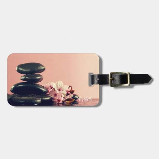 Zwarte Zen stenen bloemen Bagagelabel (Voorkant horizontaal)