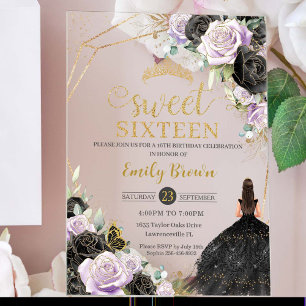 Zwarte Zestien Jurk Lila Bloemen Goud Acryl Uitnodigingen
