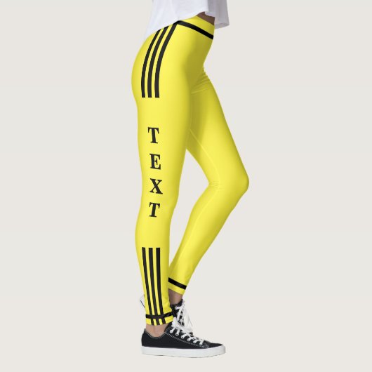 Zwarte Zijstreep Gele Leggings met aangepaste teks (Rechts)