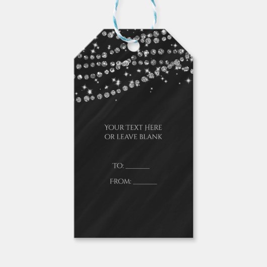 Zwarte & Zilver Diamond Bling Glam Sparkle Party Cadeaulabel (Voorkant)