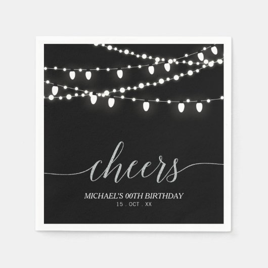Zwarte & Zilver Elegant Lights Volwassendag Servet (Voorkant)
