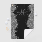 Zwarte Zilver Glitter Grijs Moderne Monogram Golfhanddoek (Insitu)