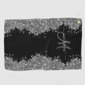 Zwarte Zilver Glitter Grijs Moderne Monogram Golfhanddoek (Horizontaal)