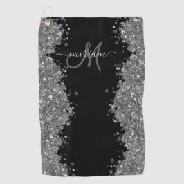 Zwarte Zilver Glitter Grijs Moderne Monogram Golfhanddoek