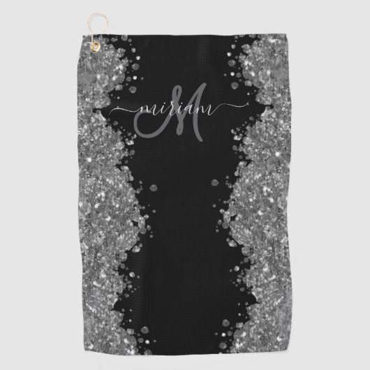 Zwarte Zilver Glitter Grijs Moderne Monogram Golfhanddoek (Voorkant)