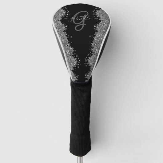 Zwarte Zilver Glitter Grijs Moderne Monogram Golfheadcover (Voorkant)