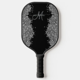 Zwarte Zilver Glitter Grijs Moderne Monogram Pickleball Paddle