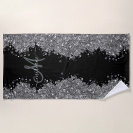 Zwarte Zilver Glitter Grijs Moderne Monogram Strandlaken