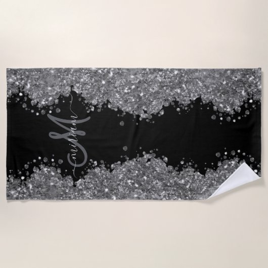 Zwarte Zilver Glitter Grijs Moderne Monogram Strandlaken (Voorkant)