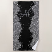 Zwarte Zilver Glitter Grijs Moderne Monogram Strandlaken (Voorkant)