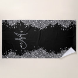 Zwarte Zilver Glitter Grijs Moderne Monogram Strandlaken