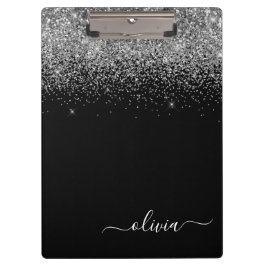Zwarte Zilver Glitter Meisjesachtige Monogram Naam Klembord