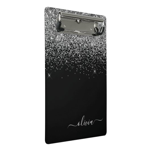 Zwarte Zilver Glitter Meisjesachtige Monogram Naam Mini Klembord (Schuin)