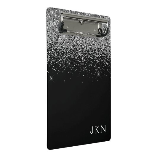 Zwarte Zilver Glitter Meisjesnaam Monogram Mini Klembord (Schuin)