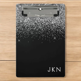 Zwarte Zilver Glitter Meisjesnaam Monogram Mini Klembord