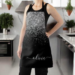 Zwarte Zilver Glitter Meisjesnaam Monogram Schort