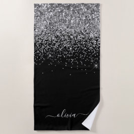 Zwarte Zilver Glitter Meisjesnaam Monogram Strandlaken
