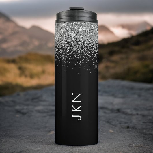 Zwarte Zilver Glitter Meisjesnaam Monogram Thermosbeker
