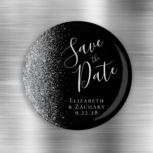Zwarte Zilver Glitter Script Save the Date Magneet