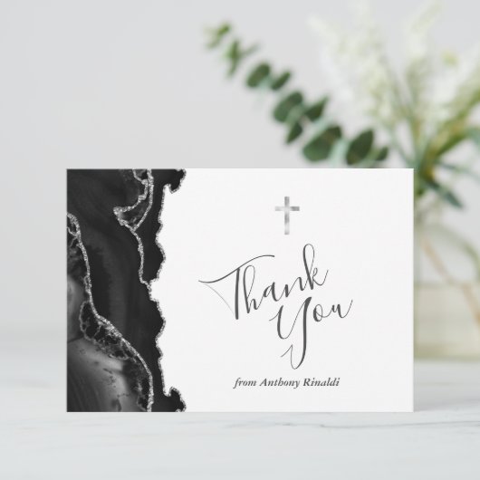 Zwarte zilveren agaat eerste communie Dank u Bedankkaart (Staand voorkant)