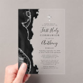 Zwarte zilveren agaat Eerste Heilige Communie Acryl Uitnodigingen (Insitu (Draagbaar))