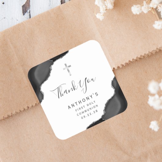 Zwarte zilveren agaat Eerste Heilige Communie Dank Vierkante Sticker