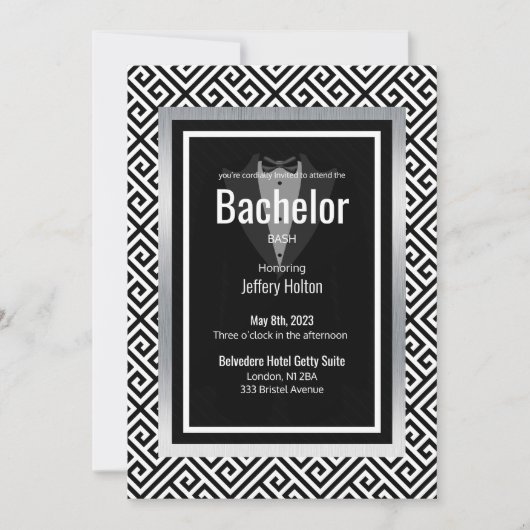 Zwarte, zilveren bachelor-partij op maat van de da save the date (Voorkant)