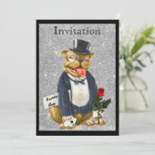 Zwarte Zilveren Bachelorfeest Uitnodiging Bulldog (Staand voorkant)