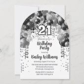 Zwarte zilveren ballonnen 21ste verjaardagsfeest kaart (Voorkant)