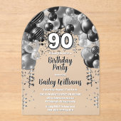 Zwarte zilveren ballonnen 90ste verjaardagsfeest acryl uitnodigingen (Voorkant)