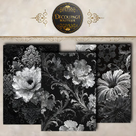 Zwarte Zilveren Barok Bloemen Decoupage Collectie Inpakpapier Vel
