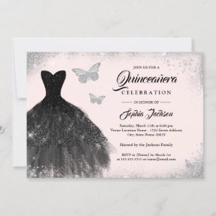 Zwarte Zilveren Blush Jurk Vlinder Quinceanera Kaart