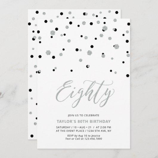 Zwarte & Zilveren Confetti 80ste verjaardag Kaart (Voorkant / Achterkant)